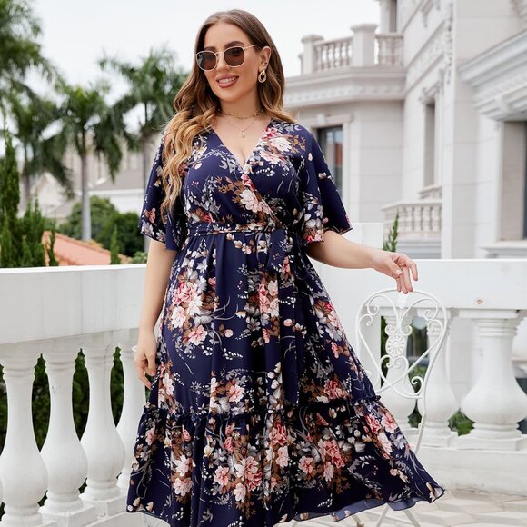 Plus Size Floral Surplice Neck Midi Dress - Picture 1 of 7